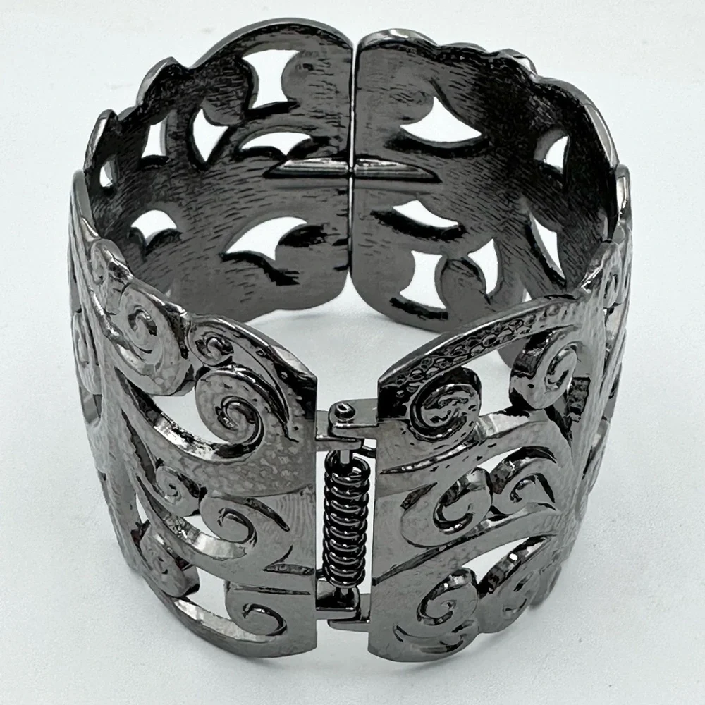 Gun Metal Grey Open Swirl Statement Hinged Bangle Bracelet